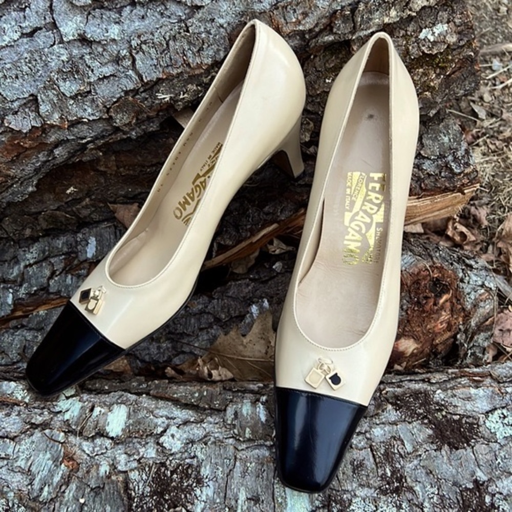 Salvatore Ferragamo Cream and Black Leather Cap-Toe Pumps with Gold Accent